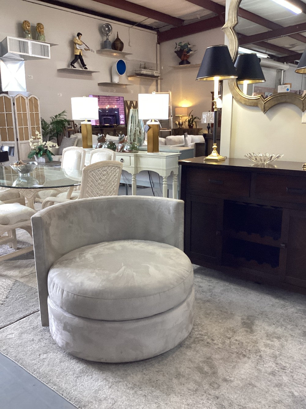 Pottery Barn gray velvet barrel chair|4973