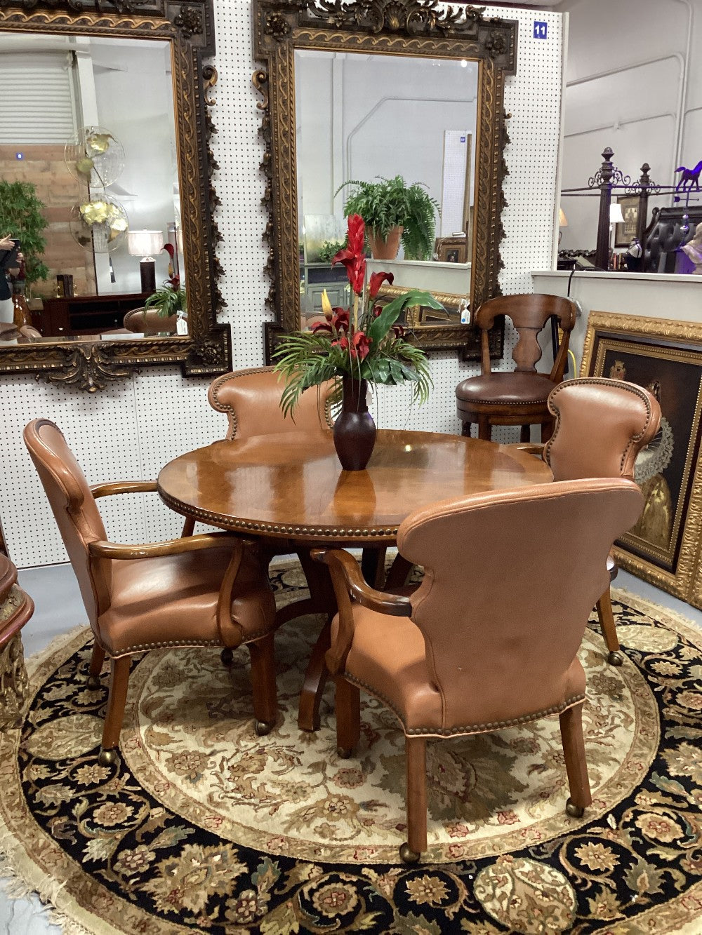 Nail head wood table with 4 rolling chairs|4995
