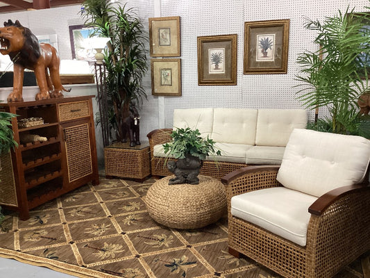 3 piece Wood and Ratan couch chair end table|5155