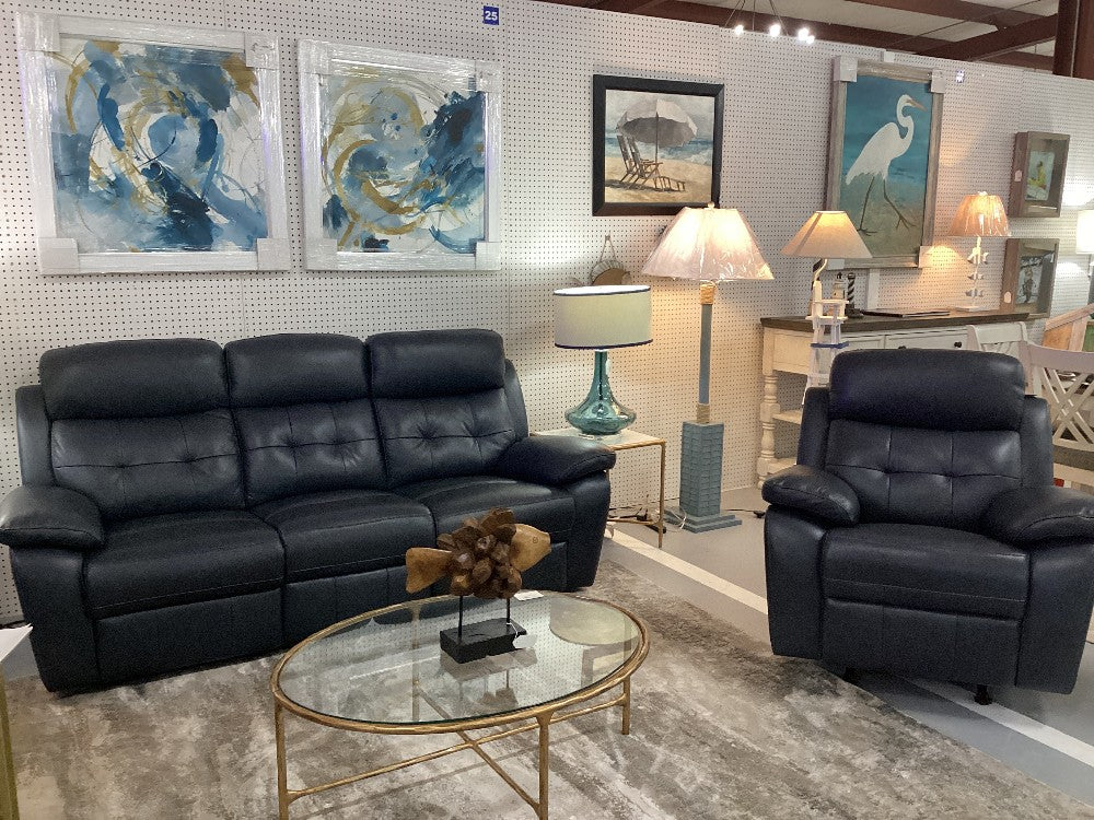 Navy leather electric recling sofa|5169