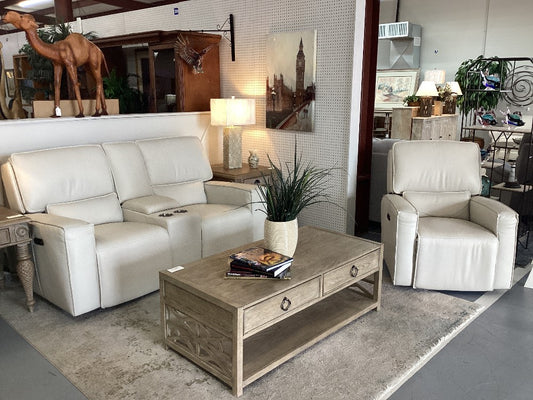 Cream Leather Electric Loveseat and Recliner|5252