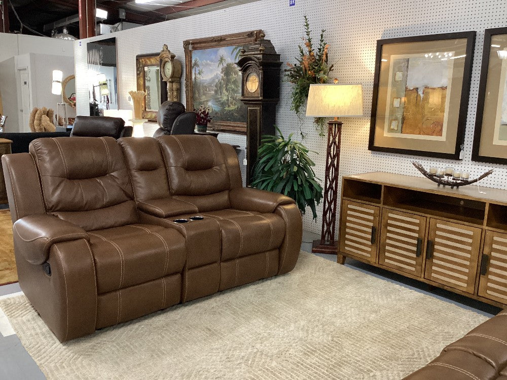 Brown leather manual recling loveseat with cup holders|5292