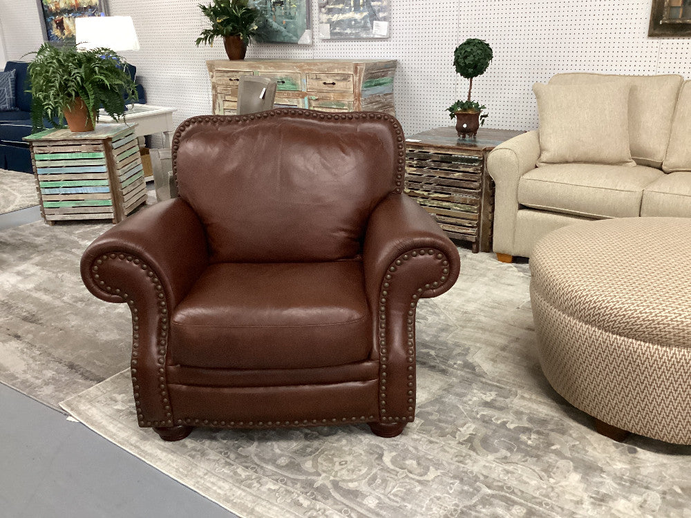 Brown leather chair with nail heads|5370