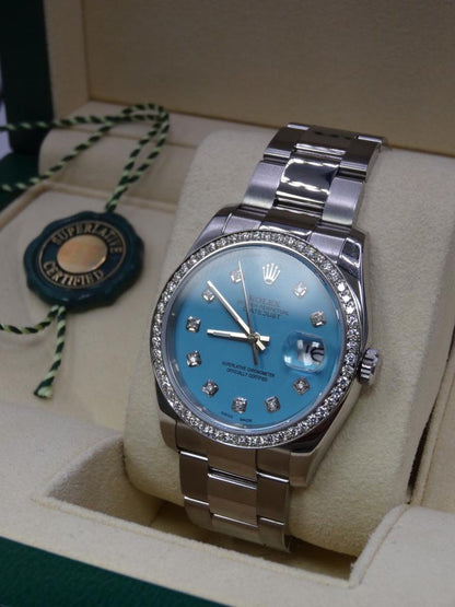 Rolex Datejust - 18K White Gold Stainless Steel Aqua Blue Diamond Bezel (16014)