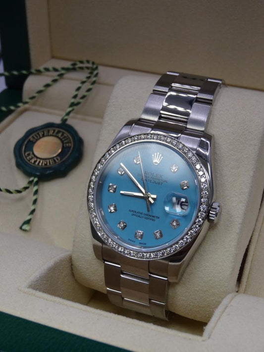 Rolex Datejust - 18K White Gold Stainless Steel Aqua Blue Diamond Bezel (16014)