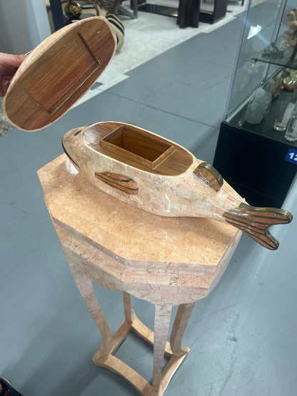 Maitland Smith Tessellated Stone Fish Curio Box and Pedestal