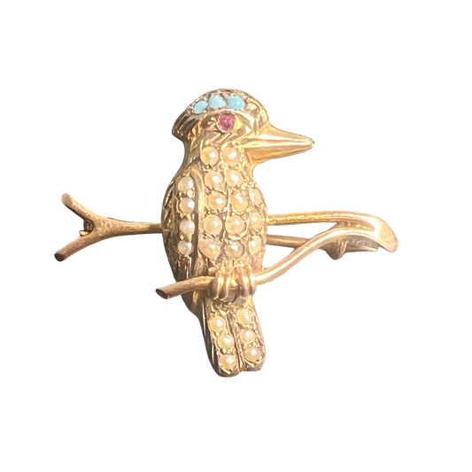 Gold Kookaburra Bird Brooch with Ruby and Turquoise accents