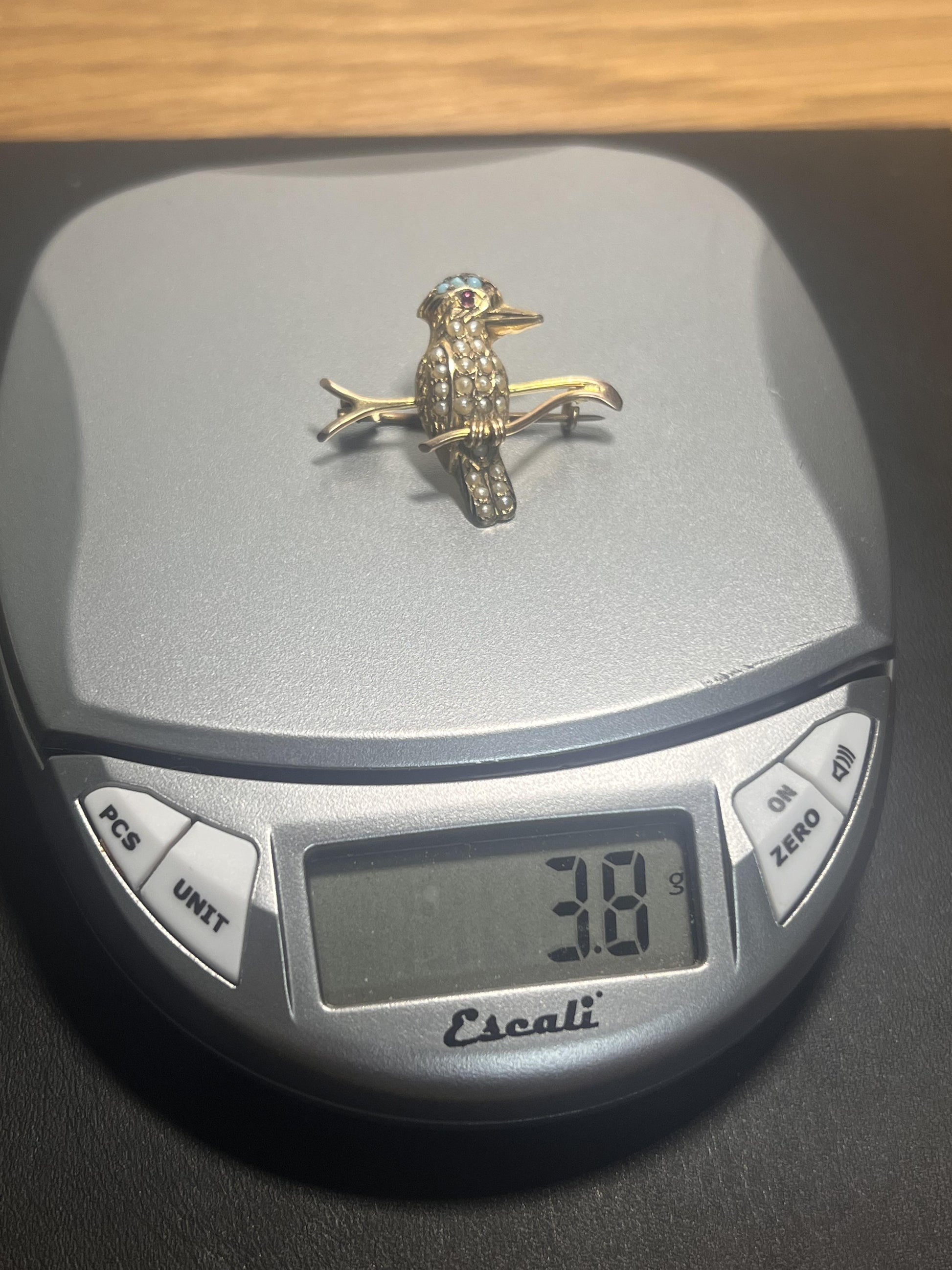 Gold Kookaburra Bird Brooch with Ruby and Turquoise accents